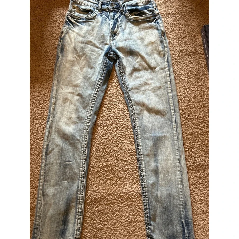 True Indigo Mens Slim Fit Light Acid Wash Embroidered Jeans 30x32  F-119